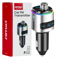 FM vysílač do auta 2×USB-A microSD 12V 24V AMIO-04654