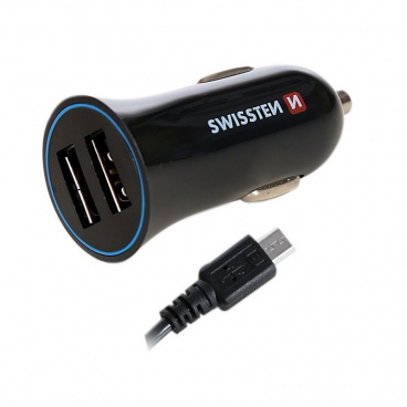 Zástrčka SWISSTEN s 2x USB výstupem 2,4 A, 12/24V s kabelem microUSB, 44056
