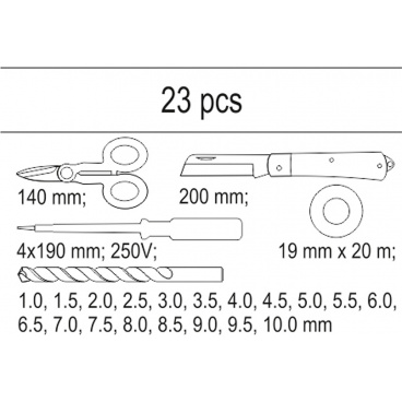 Vložka do zásuvky - izol. páska, zkoušečka, nůžky, montážní nůž, sada vrtáků 1-10mm